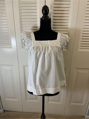 J. Crew White Square-Neck Crochet Pom Pom Sleeve Top